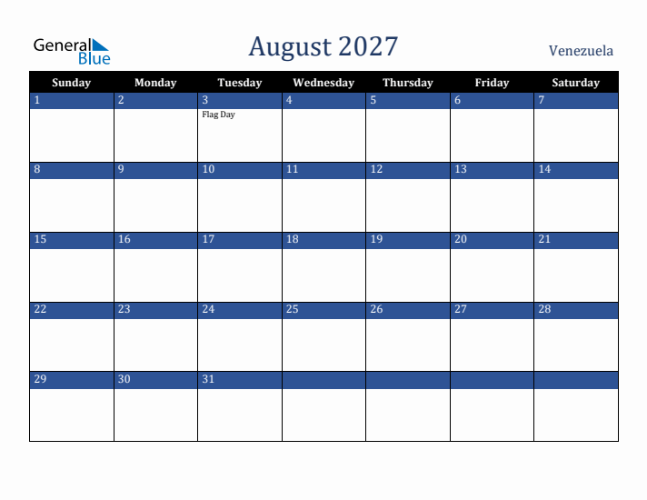 August 2027 Venezuela Calendar (Sunday Start)