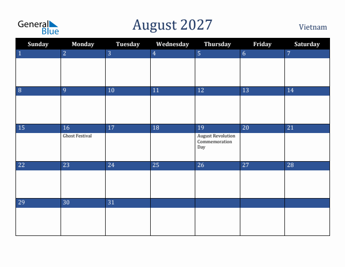 August 2027 Vietnam Calendar (Sunday Start)