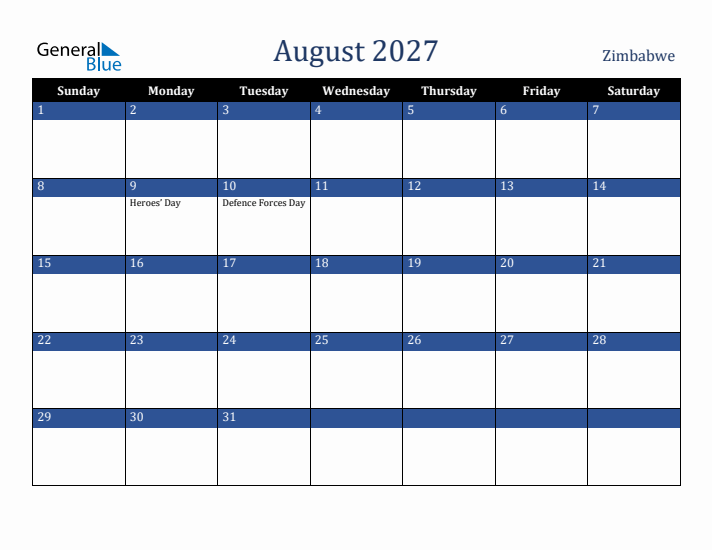 August 2027 Zimbabwe Calendar (Sunday Start)