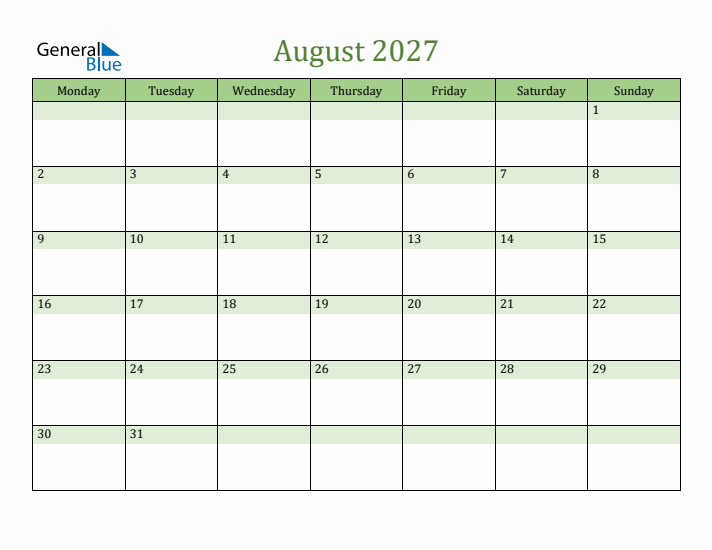 August 2027 Calendar with Monday Start