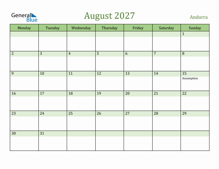 August 2027 Calendar with Andorra Holidays