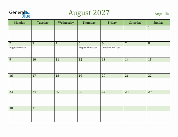 August 2027 Calendar with Anguilla Holidays