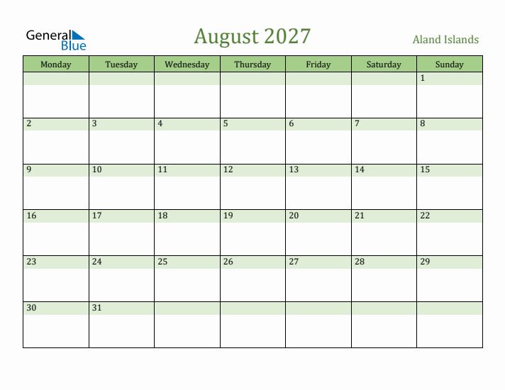 August 2027 Calendar with Aland Islands Holidays