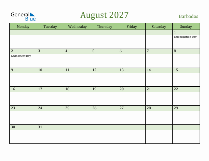 August 2027 Calendar with Barbados Holidays