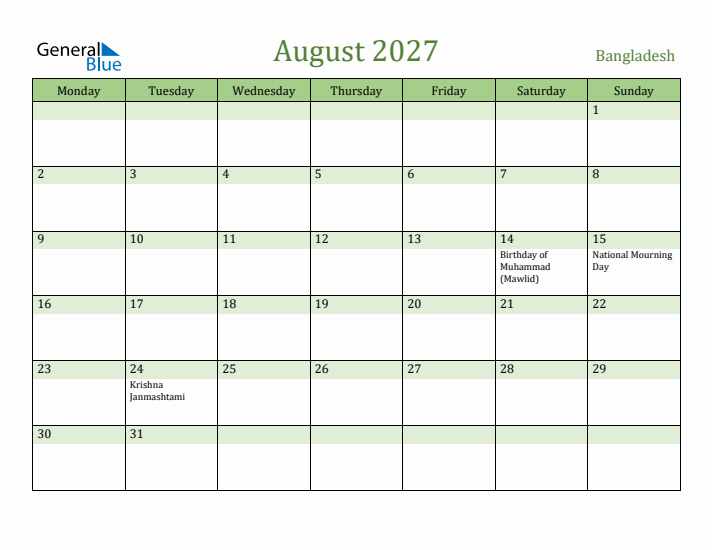 August 2027 Calendar with Bangladesh Holidays