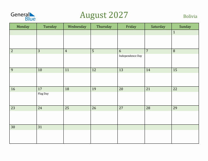 August 2027 Calendar with Bolivia Holidays