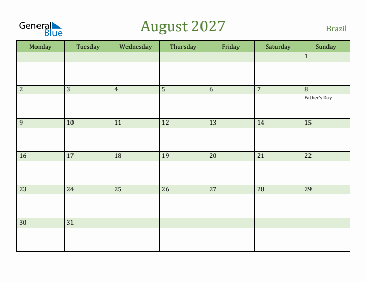 August 2027 Calendar with Brazil Holidays