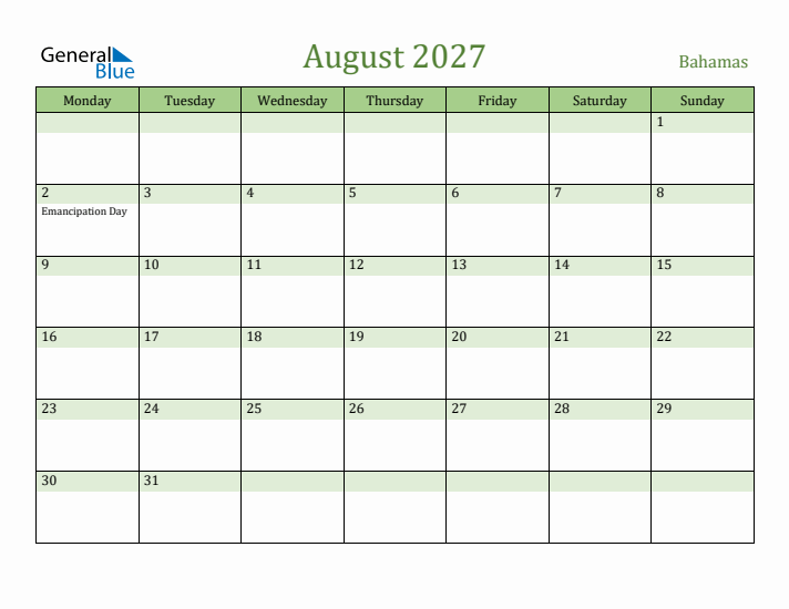 August 2027 Calendar with Bahamas Holidays