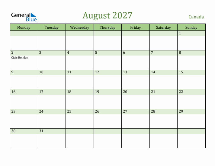 August 2027 Calendar with Canada Holidays
