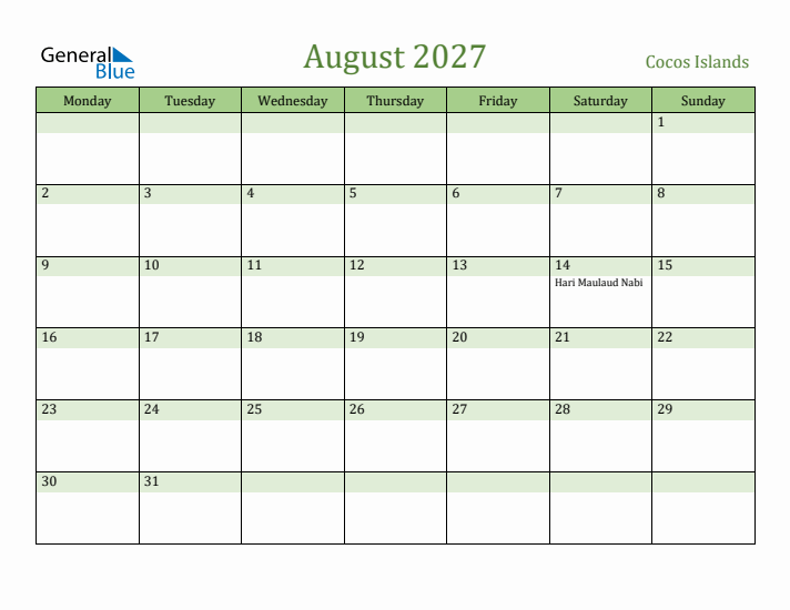August 2027 Calendar with Cocos Islands Holidays