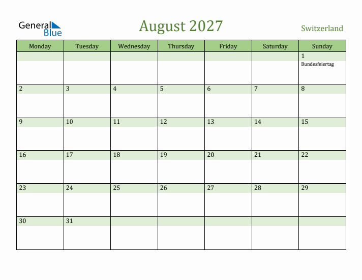 August 2027 Calendar with Switzerland Holidays