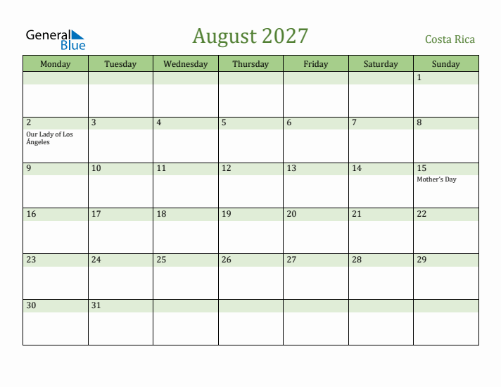 August 2027 Calendar with Costa Rica Holidays