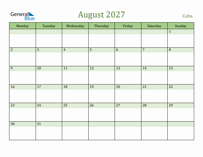 August 2027 Calendar with Cuba Holidays