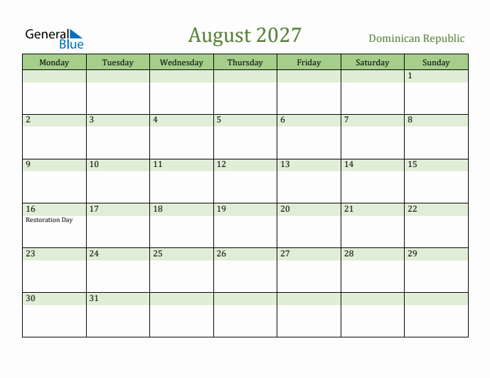 August 2027 Calendar with Dominican Republic Holidays