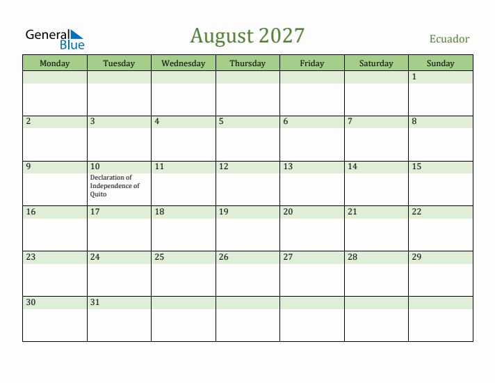 August 2027 Calendar with Ecuador Holidays