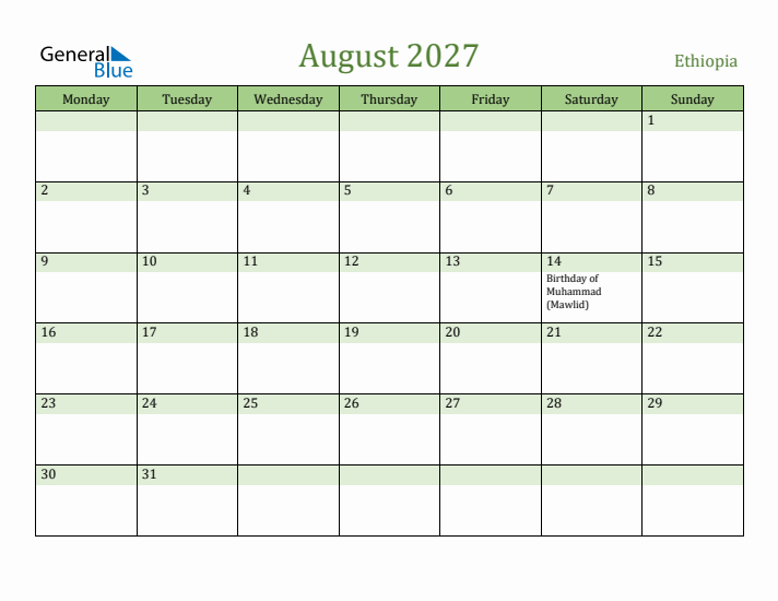 August 2027 Calendar with Ethiopia Holidays