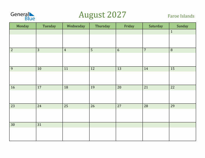 August 2027 Calendar with Faroe Islands Holidays