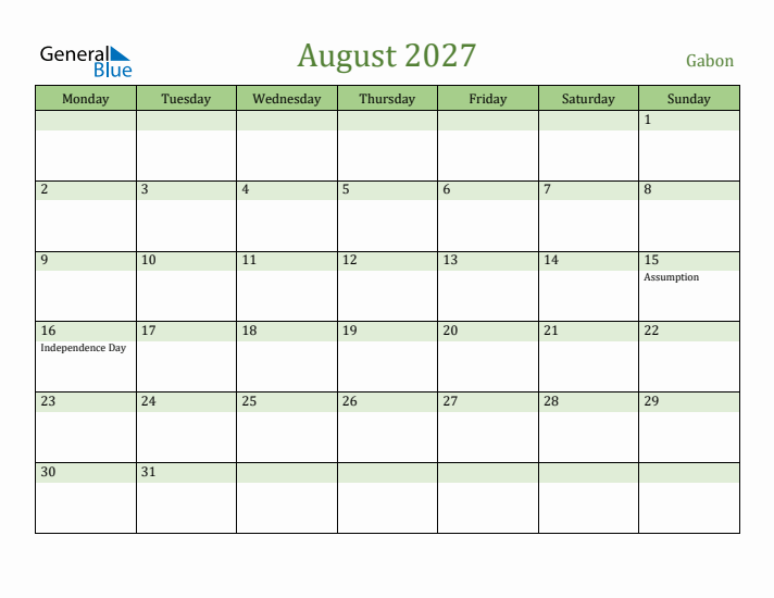 August 2027 Calendar with Gabon Holidays