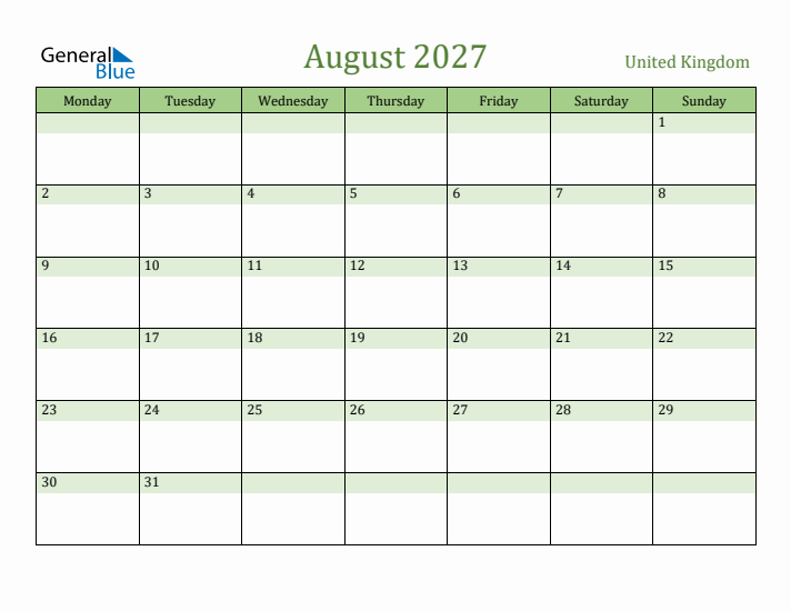 August 2027 Calendar with United Kingdom Holidays