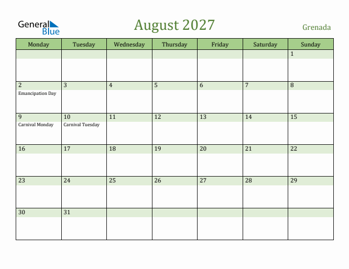 August 2027 Calendar with Grenada Holidays