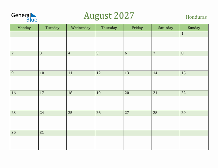August 2027 Calendar with Honduras Holidays