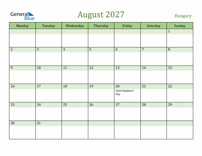 August 2027 Calendar with Hungary Holidays