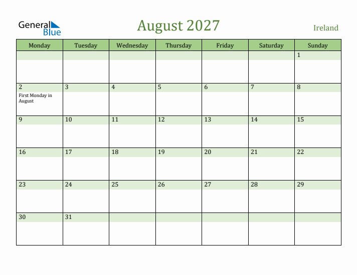 August 2027 Calendar with Ireland Holidays