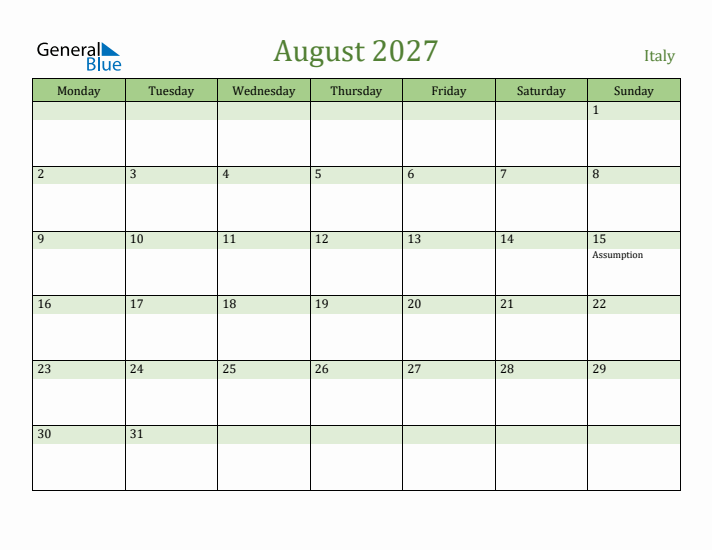 August 2027 Calendar with Italy Holidays