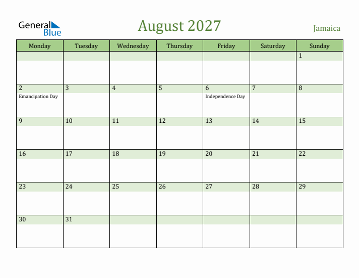 August 2027 Calendar with Jamaica Holidays