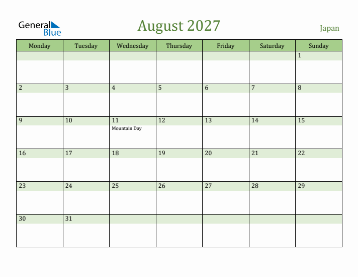 August 2027 Calendar with Japan Holidays