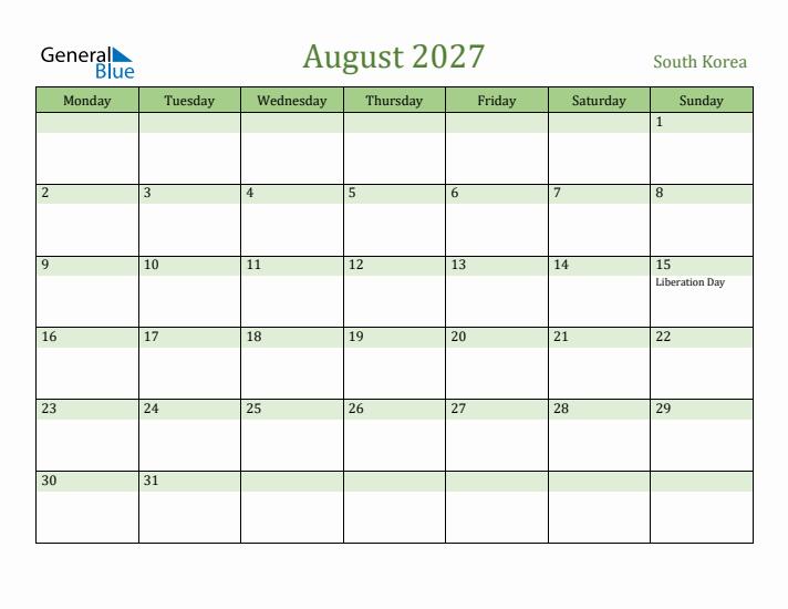 August 2027 Calendar with South Korea Holidays