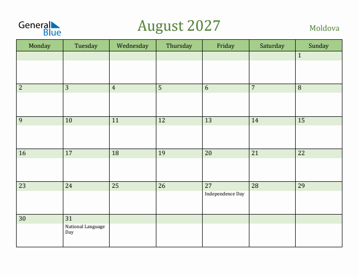 August 2027 Calendar with Moldova Holidays