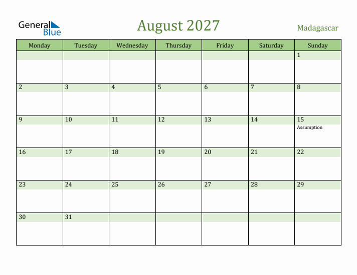 August 2027 Calendar with Madagascar Holidays