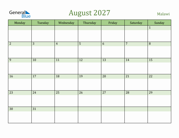 August 2027 Calendar with Malawi Holidays