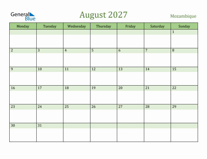 August 2027 Calendar with Mozambique Holidays
