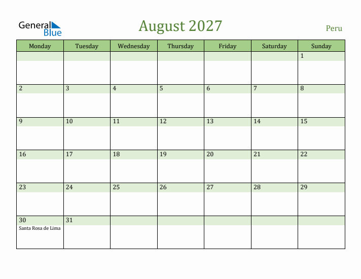 August 2027 Calendar with Peru Holidays
