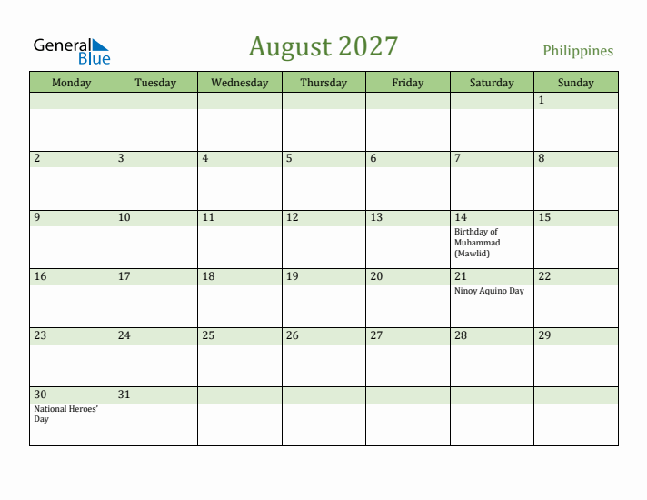 August 2027 Calendar with Philippines Holidays