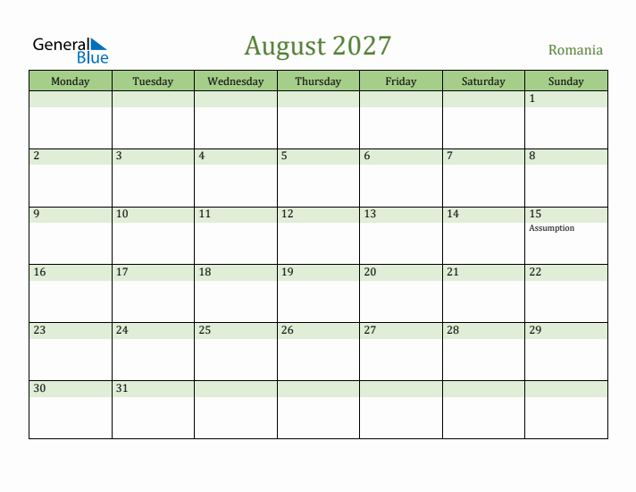 August 2027 Calendar with Romania Holidays