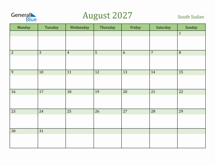 August 2027 Calendar with South Sudan Holidays