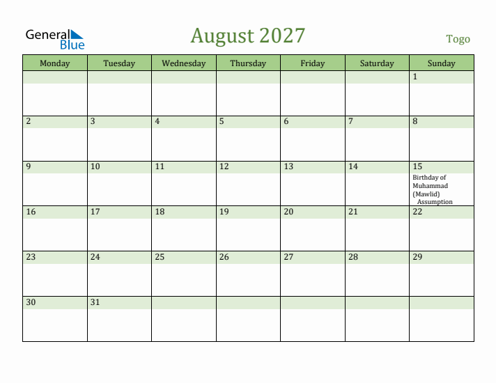 August 2027 Calendar with Togo Holidays