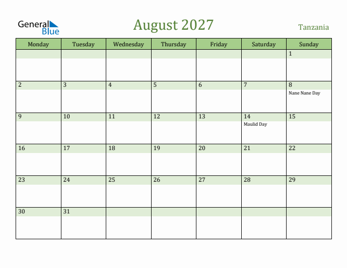 August 2027 Calendar with Tanzania Holidays