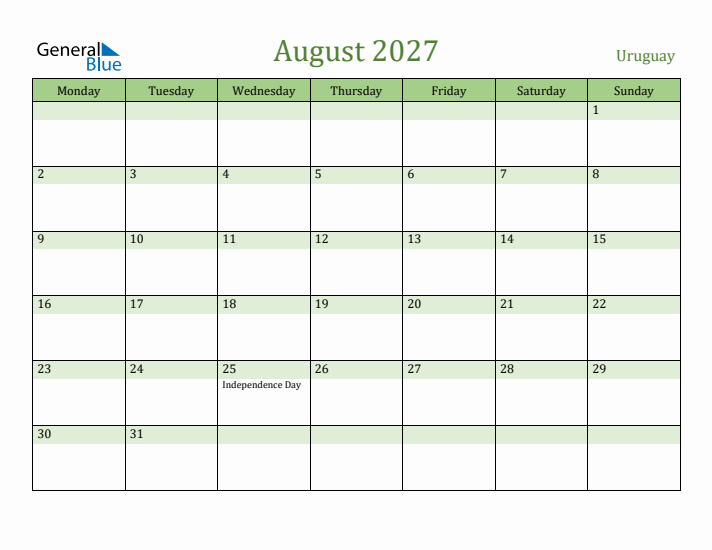 August 2027 Calendar with Uruguay Holidays