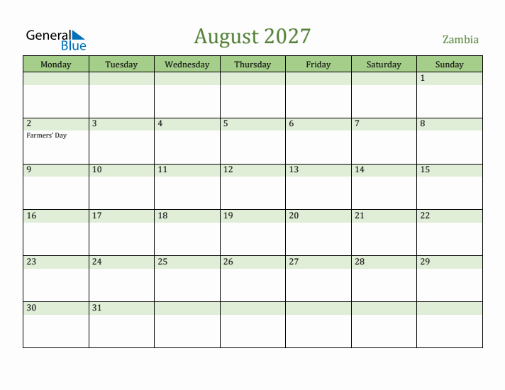 August 2027 Calendar with Zambia Holidays