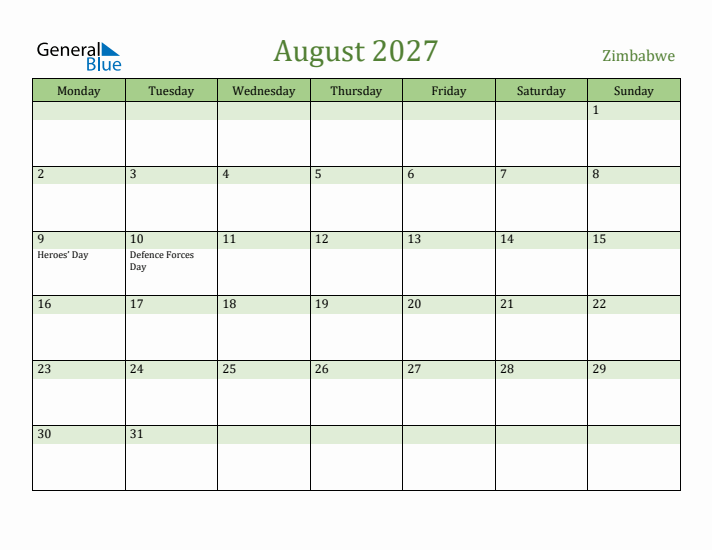 August 2027 Calendar with Zimbabwe Holidays
