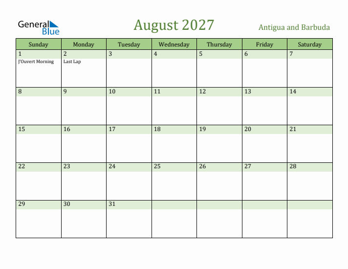 August 2027 Calendar with Antigua and Barbuda Holidays