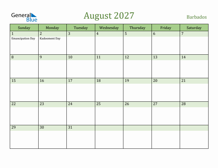 August 2027 Calendar with Barbados Holidays