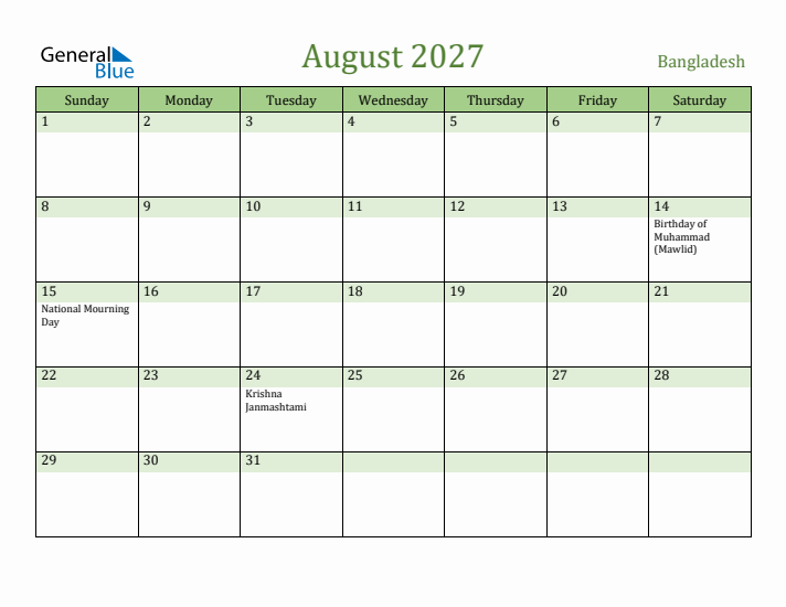 August 2027 Calendar with Bangladesh Holidays