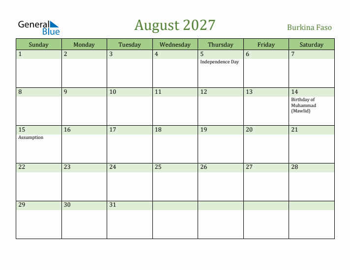 August 2027 Calendar with Burkina Faso Holidays