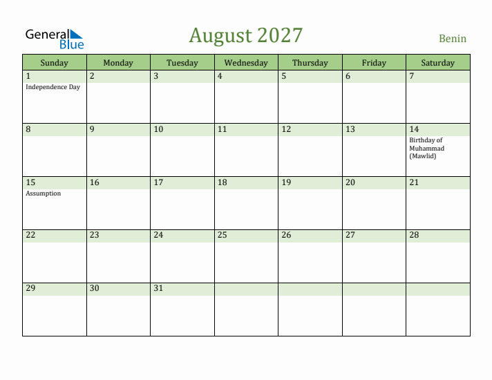 August 2027 Calendar with Benin Holidays