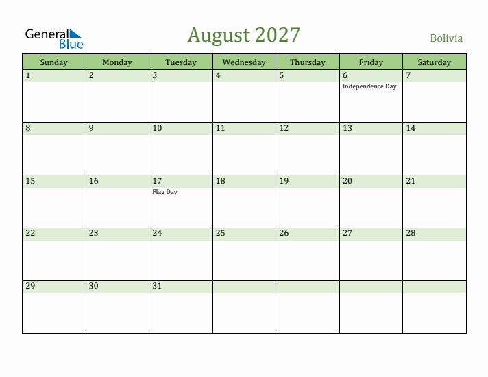 August 2027 Calendar with Bolivia Holidays